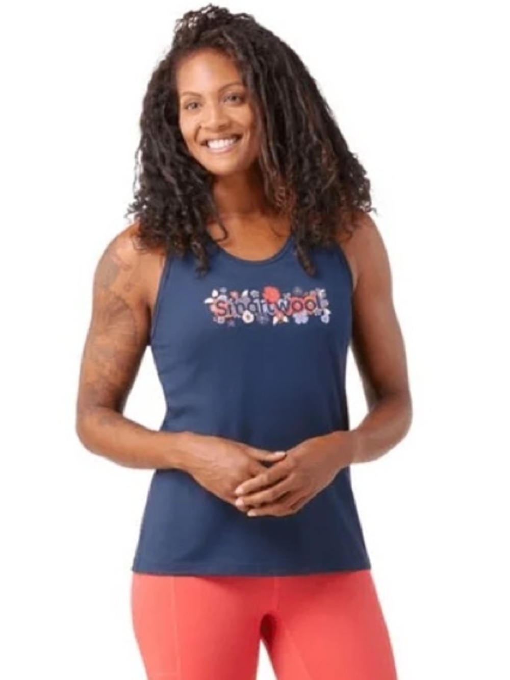 Smartwool Navy Blue Wool Tank Top Size Large Floral Workout Yoga Pickleball